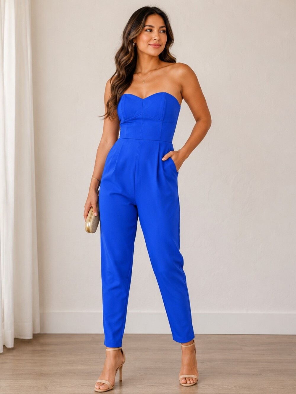 Adelyn Rae Cobalt Blue Strapless Sweetheart Jumpsuit Size M Bustier Pants